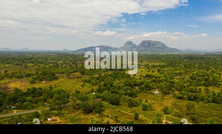 Valley with agricultural land surrounded by forest. Sri Lanka. Stock Photo