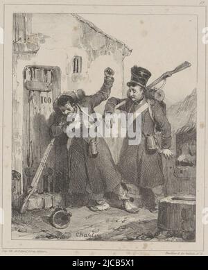 Two French soldiers at the door of a house for their billeting At the time of the siege of the Citadel of Antwerp, November-December 1832 Part of a series of twenty sheets from 1833 depicting the military intervention of the French Northern Army in Belgium in 1832, Quartering, 1832 Le billet de logement  Souvenirs de L'Arm, print maker: Nicolas Toussaint Charlet, (mentioned on object), printer: Gihaut frères, (mentioned on object), publisher: Gihaut frères, (mentioned on object), Paris, 1832 - 1833, paper, h 340 mm - w 245 mm Stock Photo