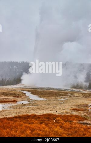 Old Faithful iconic Yellowstone geyser in winter Stock Photo