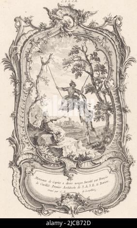 A woman on a swing is pushed by the man behind her, two women in the foreground look on Surrounding the scene is an ornamented frame, Rocking Woman Figures in Landscapes  14me Livre O Morceaux de Caprice a divers usages  on object, print maker: Carl Albert von Lespilliez, (mentioned on object), François de Cuvilliés (Sr.), (mentioned on object), François de Cuvilliés (Sr.), (mentioned on object), Germany, Paris, 1745, paper, etching, engraving, h 359 mm × w 233 mm Stock Photo