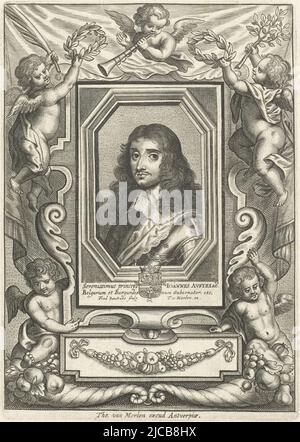 Portrait in an oval frame of Don Juan II of Austria, governor of the Southern Netherlands Bust to the left Don Juan is wearing a suit of armor The portrait is in a rectangular frame between five angels Two hold a laurel wreath above the portrait The print has a Latin caption with the name of the person portrayed, Portrait of Don Juan II of Austria Portraits of Statesmen , print maker: Frederik Bouttats (I), (mentioned on object), publisher: Theodor van Merlen (II), (mentioned on object), Antwerp, 1656 - 1676, paper, engraving, h 165 mm × w 117 mm × h 88 mm × w 57 mm Stock Photo