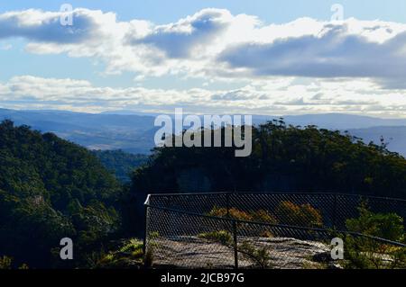 A view from Mitchell Pass Lookout at Mt Victoria in the Blue Mountains of Australia Stock Photo