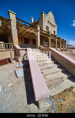 Staircase to abandoned train station in desert ghost town Stock Photo