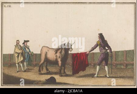 A matador stands before a bull, in his hands a red cloth and a sword Two other bullfighters toreros look on Numbered top left: LIX, Matador challenges a bull Coleccion de las principales suertes de una corrida de toros  Collection of the main maneuvers in bullfighting , print maker: Luis Fernandez Noseret, Antonio Carnicero, Spain, 1795, paper, etching, h 185 mm - w 272 mm Stock Photo