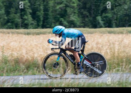Montbrison, France. 08th June, 2022. Simone Velasco (Astana Team) in action on 4th Stage of Criterium du Dauphine 2022. The fourth stage of the Criterium du Dauphine Libere is an individual time trial with a distance of 31.9 km between Montbrison and La Bâtie d'Urfé in the Loire department. The winner of the stage is Filippo Ganna (Ineos Grenadiers Team) in 35mn 32s. He is ahead of Wout Van Aert (Jumbo Visma Team), 2nd at 2s and Eythan Hayter (Ineos Grenadiers Team) at 17s. (Photo by Laurent Coust/SOPA Images/Sipa USA) Credit: Sipa USA/Alamy Live News Stock Photo