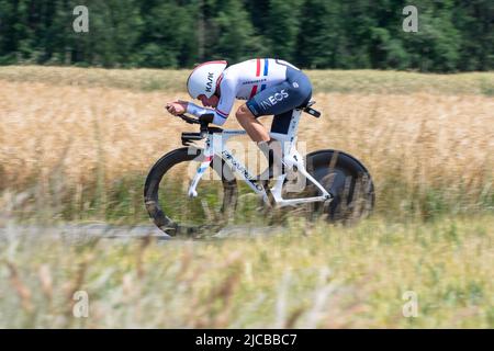 Ethan Hayter (Ineos Grenadiers Team) in action on 4th Stage of Criterium du Dauphine 2022. The fourth stage of the Criterium du Dauphine Libere is an individual time trial with a distance of 31.9 km between Montbrison and La Bâtie d'Urfé in the Loire department. The winner of the stage is Filippo Ganna (Ineos Grenadiers Team) in 35mn 32s. He is ahead of Wout Van Aert (Jumbo Visma Team), 2nd at 2s and Eythan Hayter (Ineos Grenadiers Team) at 17s. (Photo by Laurent Coust / SOPA Images/Sipa USA) Stock Photo