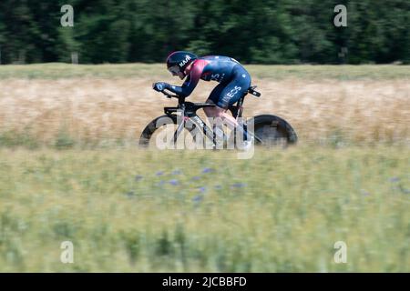 Montbrison, France. 08th June, 2022. Edward Dunbar (Ineos GrenadiersTeam) in action on 4th Stage of Criterium du Dauphine 2022. The fourth stage of the Criterium du Dauphine Libere is an individual time trial with a distance of 31.9 km between Montbrison and La Bâtie d'Urfé in the Loire department. The winner of the stage is Filippo Ganna (Ineos Grenadiers Team) in 35mn 32s. He is ahead of Wout Van Aert (Jumbo Visma Team), 2nd at 2s and Eythan Hayter (Ineos Grenadiers Team) at 17s. (Photo by Laurent Coust/SOPA Images/Sipa USA) Credit: Sipa USA/Alamy Live News Stock Photo