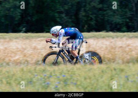 Montbrison, France. 08th June, 2022. Andrea Bagioli (Quick-Step Alpha Vinyl Team) in action on 4th Stage of Criterium du Dauphine 2022 The fourth stage of the Criterium du Dauphine Libere is an individual time trial with a distance of 31.9 km between Montbrison and La Bâtie d'Urfé in the Loire department. The winner of the stage is Filippo Ganna (Ineos Grenadiers Team) in 35mn 32s. He is ahead of Wout Van Aert (Jumbo Visma Team), 2nd at 2s and Eythan Hayter (Ineos Grenadiers Team) at 17s. (Photo by Laurent Coust/SOPA Images/Sipa USA) Credit: Sipa USA/Alamy Live News Stock Photo