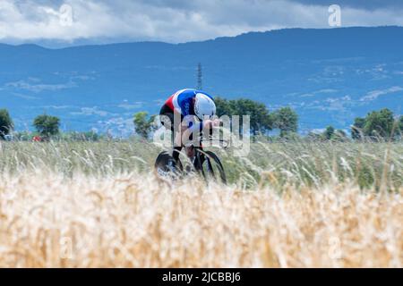 Montbrison, France. 08th June, 2022. Benjamin Thomas (Cofidis Team) in action on 4th Stage of Criterium du Dauphine 2022. The fourth stage of the Criterium du Dauphine Libere is an individual time trial with a distance of 31.9 km between Montbrison and La Bâtie d'Urfé in the Loire department. The winner of the stage is Filippo Ganna (Ineos Grenadiers Team) in 35mn 32s. He is ahead of Wout Van Aert (Jumbo Visma Team), 2nd at 2s and Eythan Hayter (Ineos Grenadiers Team) at 17s. (Photo by Laurent Coust/SOPA Images/Sipa USA) Credit: Sipa USA/Alamy Live News Stock Photo