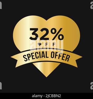 32% OFF Sale Discount Promotion Banner. Special Offer, Event, Valentine Day Sale, Holiday Discount Tag Template Stock Vector