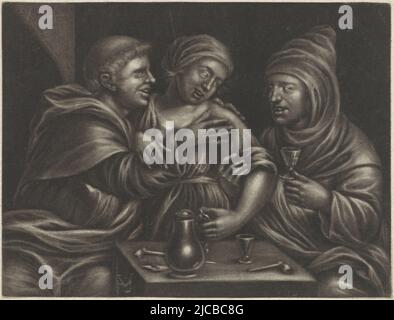 Two monks sit at a table with drinks and pipes Together they grope the young woman sitting between them, Two monks grope a woman, print maker: Paul van Somer (II), (mentioned on object), 1659 - 1704, paper, h 150 mm × w 198 mm Stock Photo