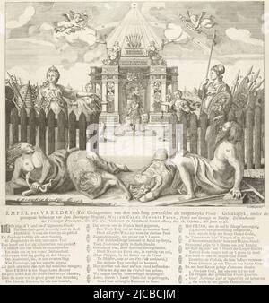 Allegory of the Peace of Aachen concluded on 18 October 1748 between the Allies Republic, England and Austria and France, Prussia and Spain At the gate of the Dutch Garden stand the personifications of Peace and Bravery, in front of the Temple of Peace stands the State Administration with the Dutch Lion Outside the garden are the defeated vices such as Selfishness, Envy and Ignorance On the leaf below the plate a verse and the legend 1-38 in a three-column statement, Zinneprent op de Vrede van Aken, 1748 Tempel des Vreedens: To commemorate the long desired and blessed Peace: Happily, under the Stock Photo