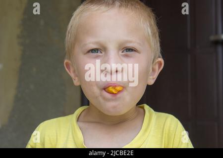 funny gay boy in his mouth holding apricots Stock Photo