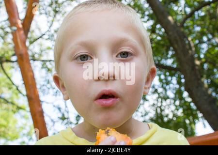 surprised boy with open mouth eating apricot fruit Stock Photo