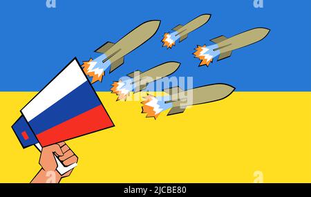 Hand holding megaphone with Russian flag and flying missile rocket. Attack of hatred, disinformation and violence on flag of Ukraine from agitator flat vector illustration. Fake war news concept Stock Vector
