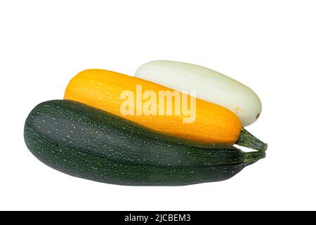 Three fresh zucchini different varieties on a white background Stock Photo