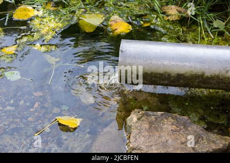 crystal-clear water flows from the pipe in the feed Stock Photo