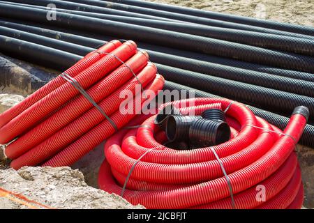 Industrial flexible pipes for drainage in construction Stock Photo