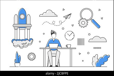 Space research and exploration project. Earth science and astronomy studies vector monocolor illustration Stock Vector