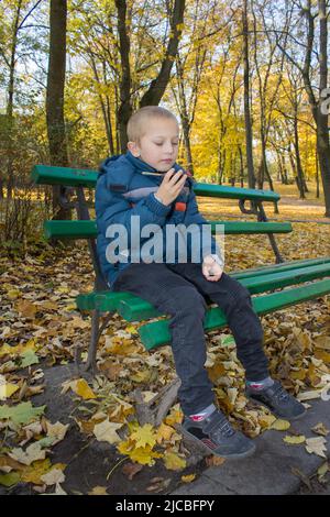 sitting in the park autumn boy on bench Stock Photo