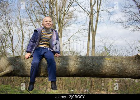 in the forest boy sitting on a tree deposed Stock Photo