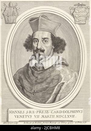 Portrait in oval frame of Cardinal Giovanni Delfino Bust to the left Top left the coat of arms of Pope Alexander VII, top right the coat of arms of Cardinal Giovanni Delfino The print has a Latin caption with details of the person portrayed, Portrait of Cardinal Giovanni Delfino Portraits of Cardinals  Effigies cardinalium nunc viventium , print maker: Albertus Clouwet, (mentioned on object), Albertus Clouwet, publisher: Giovanni Giacomo de'Rossi, (mentioned on object), Rome, 1667 - 1679, paper, engraving, h 191 mm × w 141 mm Stock Photo