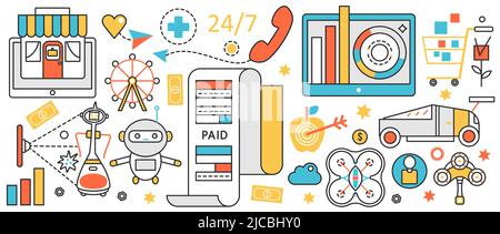 Toys in online shop for kids, mobile service. Abstract store receipt, automated robots, cars and electronic devices for gifts, shopping on sales in infographic concept banner, thin line art design Stock Vector