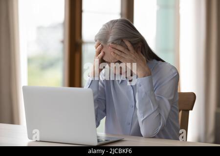 Older businesswoman looks at laptop hold head looks desperate Stock Photo