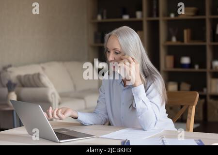 Woman use laptop, discuss purchase, talks to consultant on cellphone Stock Photo