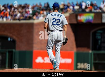 June 11 2022 San Francisco CA, U.S.A. Los Angeles starting pitcher Clayton Kershaw(22) on mound during the MLB game between the Los Angeles Dodgers and the San Francisco Giants. The Giants won 3-2 at Oracle Park San Francisco Calif. Thurman James/CSM Stock Photo