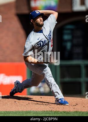 June 11 2022 San Francisco CA, U.S.A. Los Angeles starting pitcher Clayton Kershaw(22) on mound during the MLB game between the Los Angeles Dodgers and the San Francisco Giants. The Giants won 3-2 at Oracle Park San Francisco Calif. Thurman James/CSM Stock Photo