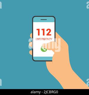 Flat design illustration of male hand holding touch screen mobile phone. Push button call number 112 emergency - vector Stock Vector