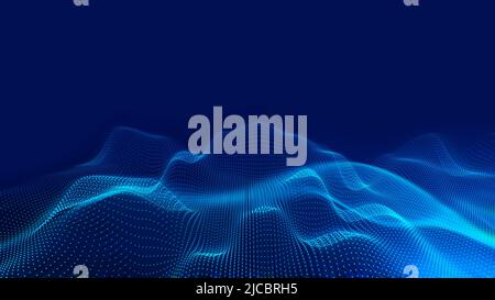 Big data surfing the metaverse. Particles with blue led light on abstract background. Artificial intelligence concept. Stock Photo