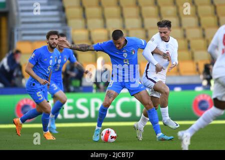 Gianluca Scamacca Jack Grealish (England) during the Uefa Uefa Nations League 2022 2023 match between England 0-0 Italy at Molineux Stadium on June 11, 2022 in Wolverhampton, England. Credit: Maurizio Borsari/AFLO/Alamy Live News Stock Photo