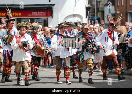 Wimborne Minster, UK. 11th June 2022.  Thousands of people flocked to the Dorset town of Wimborne Minster for the popular folk festival.  The annual event has been absent for two years because of the pandemic but returned to celebrate its 40th birthday in the glorious sunshine. Credit: Richard Crease/Alamy Live News Stock Photo