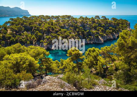 Beautiful view from the hiking trail with Calanque de Port Pin bay, Calanques National Park, Cassis, Bouches-du-Rhone, South France, Europe Stock Photo