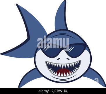 Cute Cartoon Drawing Vector of a Blue and White Shark with Sharp Teeth and Sunglasses on a White Background Stock Vector