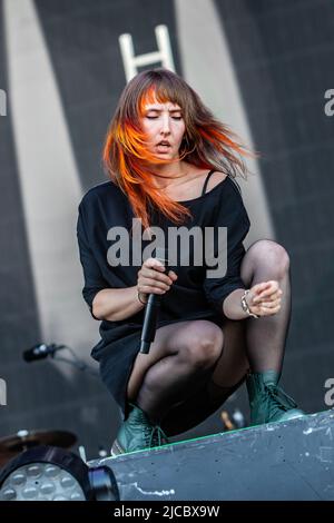 Milan Italy. 11 June 2022. The Canadian indie rock band MOTHER MOTHER performs live on stage at Ippodromo SNAI La Maura during the 'I-Days Festival 2022'. Stock Photo