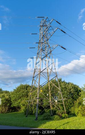 Electricty pylon against blue sky Stock Photo - Alamy