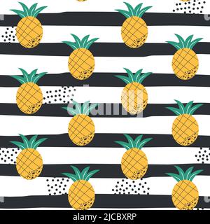 Vector seamless summer pattern with pineapples on black and white striped background. Hand drawn style pattern Stock Vector