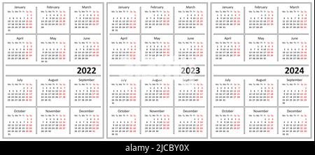 Template of a calendar of white color. Calendar for 2022, 2023 and 2024. Week starts on Monday. Stock Vector