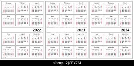 Template of a calendar of white color. Calendar for 2022, 2023 and 2024. Week starts on Sunday. Stock Vector