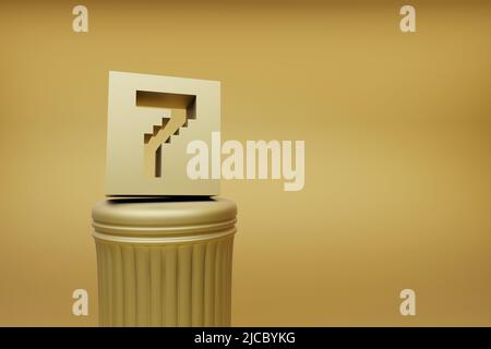 Beautiful abstract illustrations Golden Golden Pixel number 7 symbol icons on a golden column and wonderful background. 3d rendering illustration. Bac Stock Photo