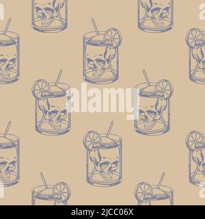 Pattern of glasses with a skull drink in the hendrow style for print and holiday decoration. Vector illustration. Stock Vector