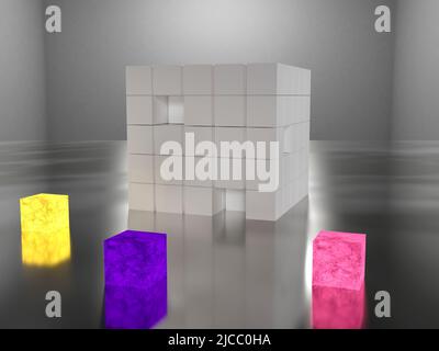 Abstract cube of cubes with emissive color cubes on a reflective metallic surface - 3d rendering Stock Photo