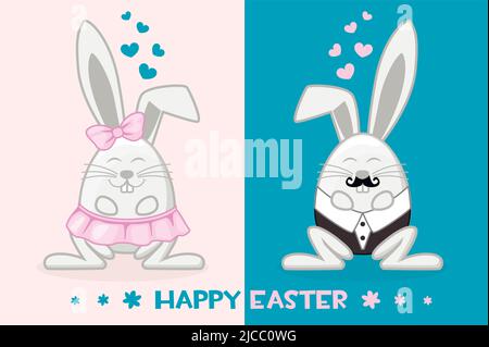 Funny cartoon easter bunny in the shape of an egg, girl and boy. Greeting card Happy Easter Stock Vector