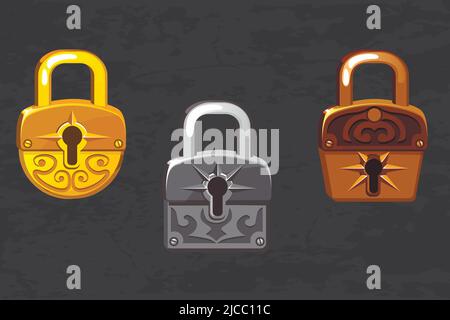 cartoon collection of gold, silver and bronze padlocks. Game and app ui icons, design elements. Stock Vector