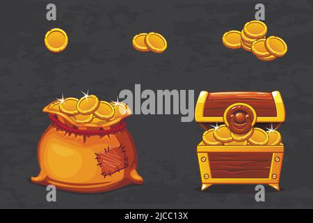 Open old bag and wooden chest. Ancient pirate money for winner. Vector cartoon illustration coins icons for web, games Stock Vector