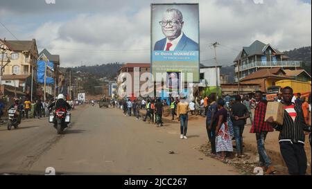 Illustration shows a giant poster of DRC Congo doctor Denis Mukwege in the city center, ahead of a visit to the Panzi hospital, part of an official visit of the Belgian Royal couple to the Democratic Republic of Congo, Sunday 12 June 2022, in Bukavu. The Belgian King and Queen will be visiting Kinshasa, Lubumbashi and Bukavu from June 7th to June 13th. BELGA PHOTO POOL BENOIT DOPPAGNE Stock Photo