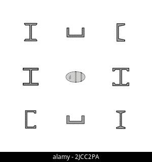 Steel beam, pipe and corner section isolated on white background. Flat style, vector illustration. Stock Vector